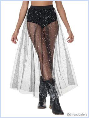 Women's Sheer Mesh A-Line Foil Maxi Skirt High Waist Rave Festival Skirt